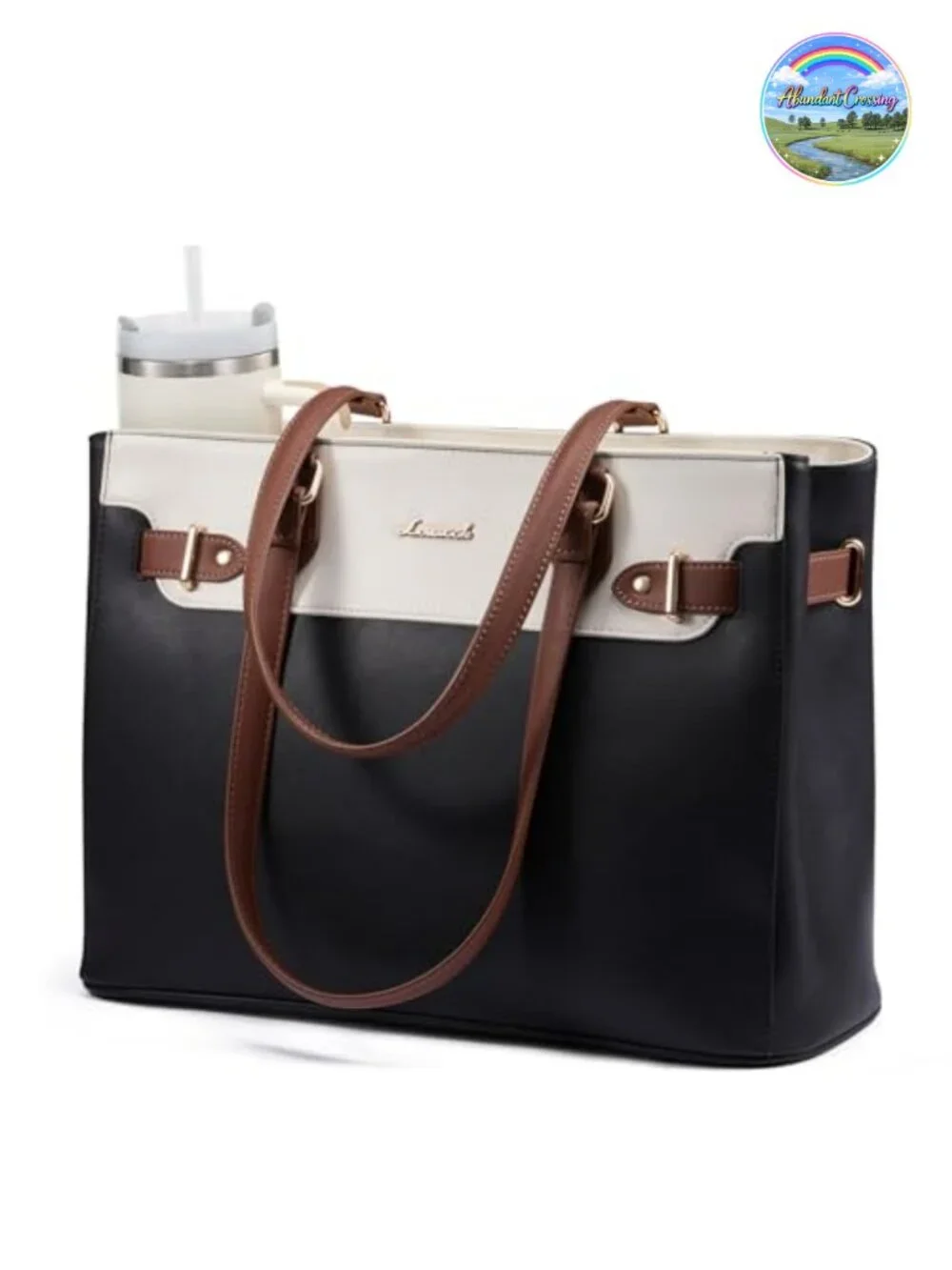 Waterproof PU Leather Laptop Tote Bag for Women Work Teacher with Large Cup